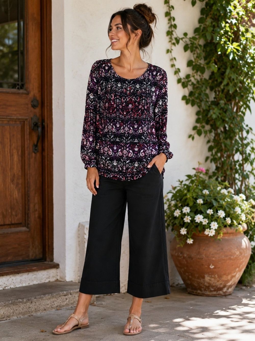 J. Jill XL Abstract Floral Rayon Blouse Long Sleeve Stretch Hem Purple